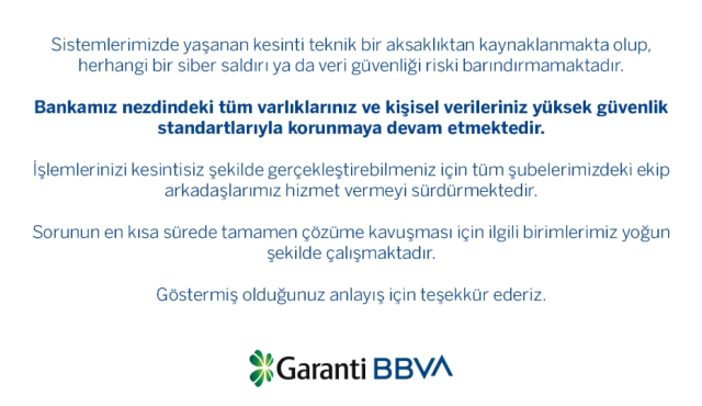 Garanti Bankası'nın Teknik Aksaklık Açıklaması