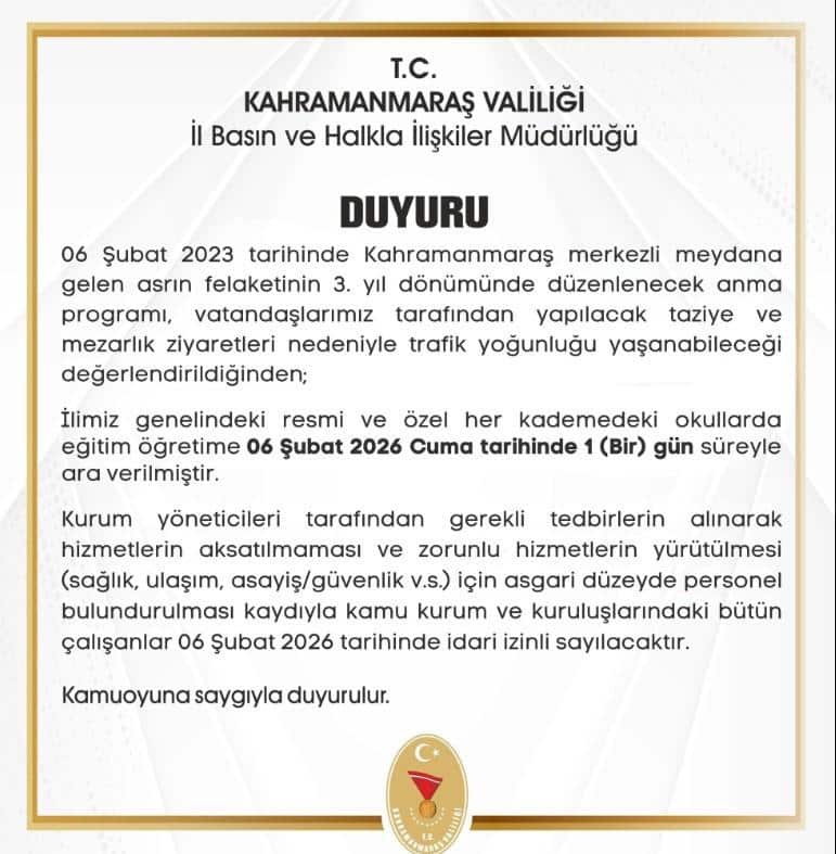 6 ŞUBAT RESMİ TATİL STATÜSÜ