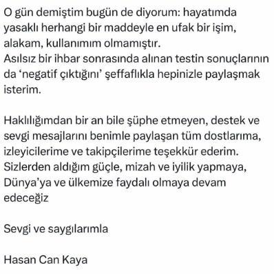 Hasan Can Kaya Test Sonucunu Sosyal Medyada Paylaştı