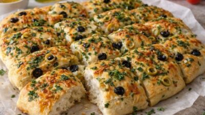 Sarımsaklı zeytinli ekmek tarifiyle sofralarınıza Akdeniz lezzeti katın. Kolay hazırlanan
