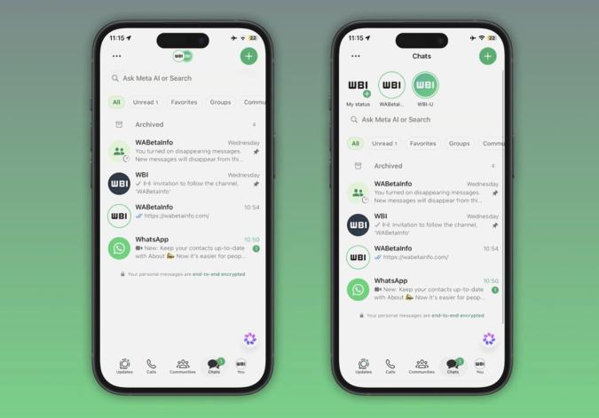 WhatsApp, iOS beta sürümünde durum güncellemelerini sohbetler ekranının üst kısmına taşıyor