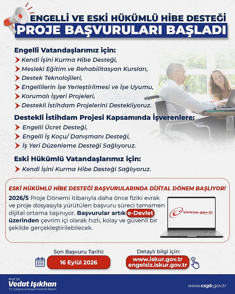 Engelli ve eski hükümlülere hibe desteği başvuruları başladı