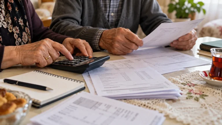Evde hesap makinesiyle emekli aylığı planlaması yapan yaşlı çift