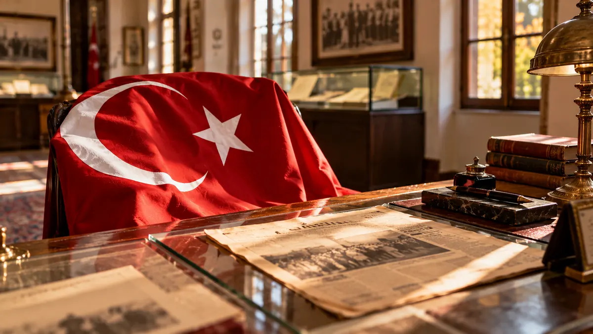 Tarih müzesi ortamında Türk bayrağı ve cam üzerinde sergilenen eski gazete ve arşiv evrakları