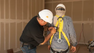 Şantiyede çalışan işçiye emniyet kemerini takan görevli