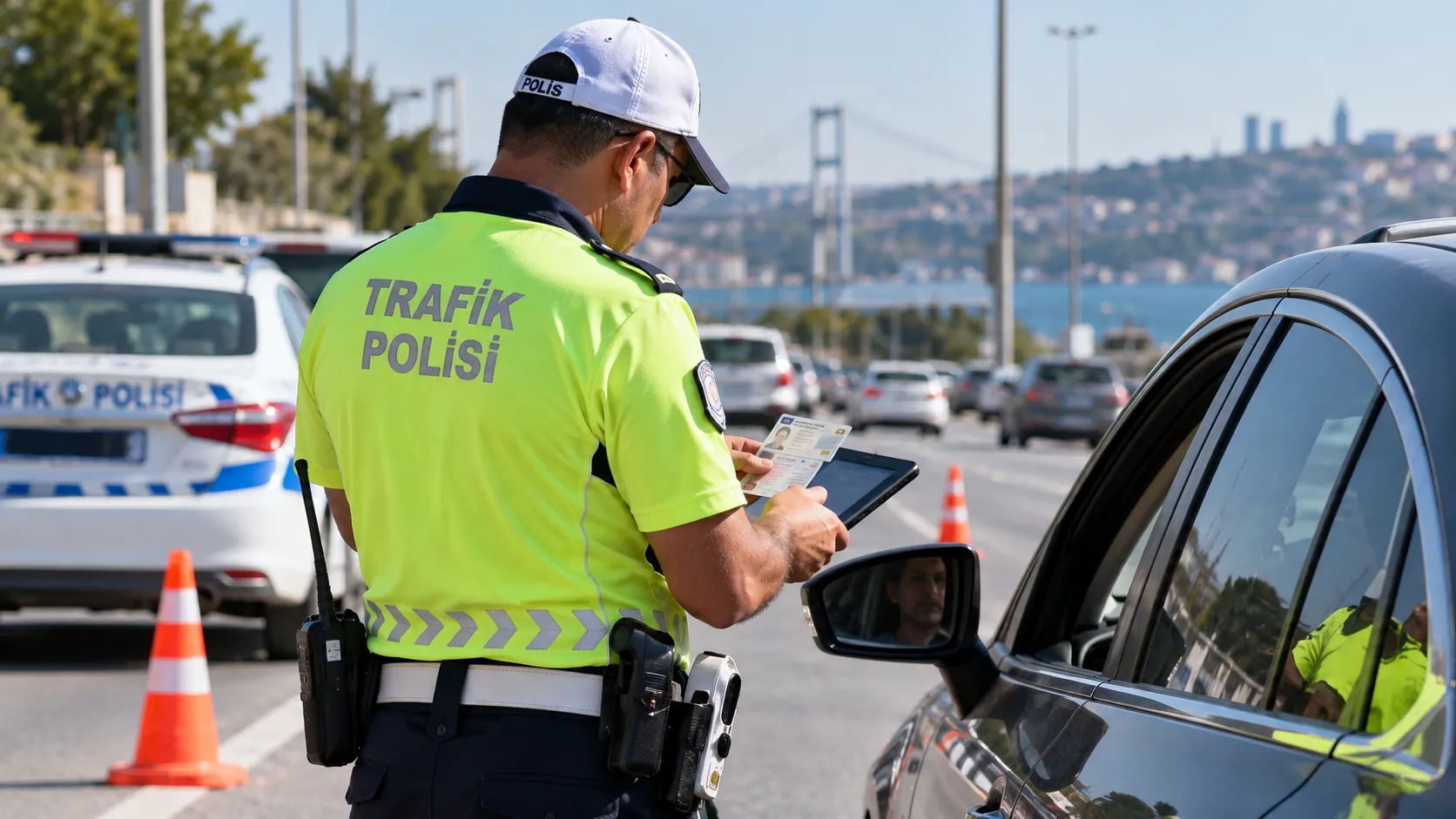 Trafik polisi sürücünün ehliyet ve belgelerini kontrol ediyor