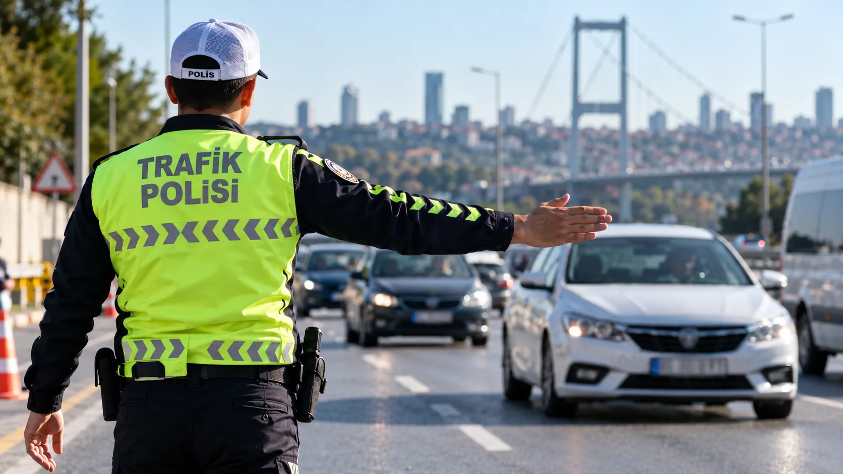 Trafik polisinin yol kontrolünde sürücüleri durmaları için yönlendirmesi