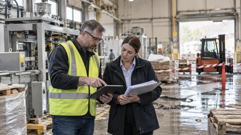 Ticari mülk sigortası risk değerlendirmesinde fabrika alanını inceleyen uzmanlar