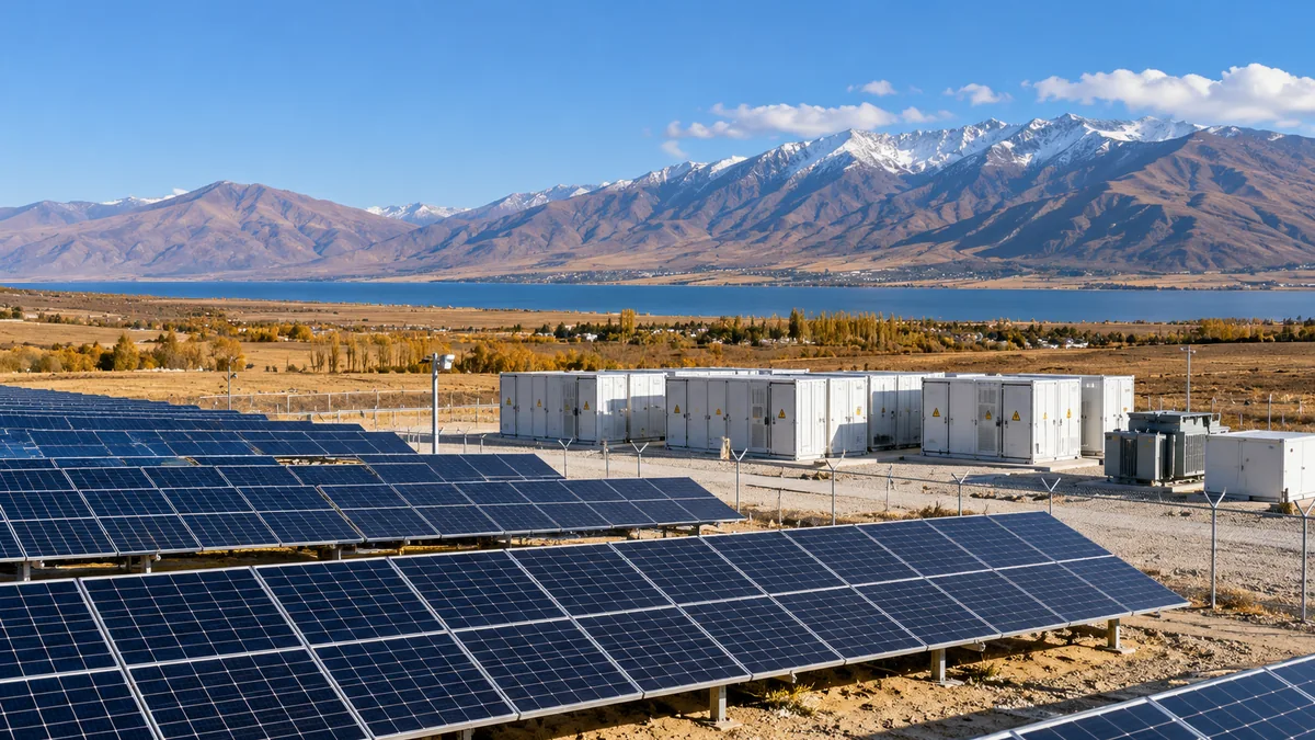 Güneş panelleri ve enerji depolama konteynerlerini gösteren temsili santral görünümü