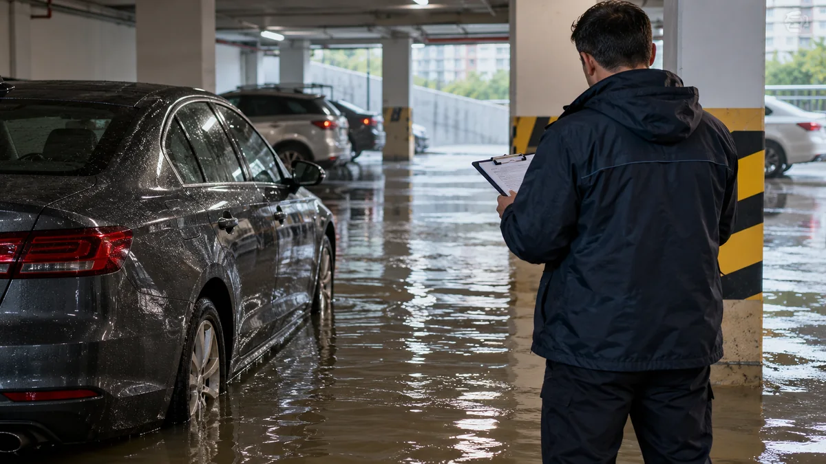 İstanbul'daki sel hasarlarını temsilen su basmış otoparkta araç hasarını inceleyen görevli
