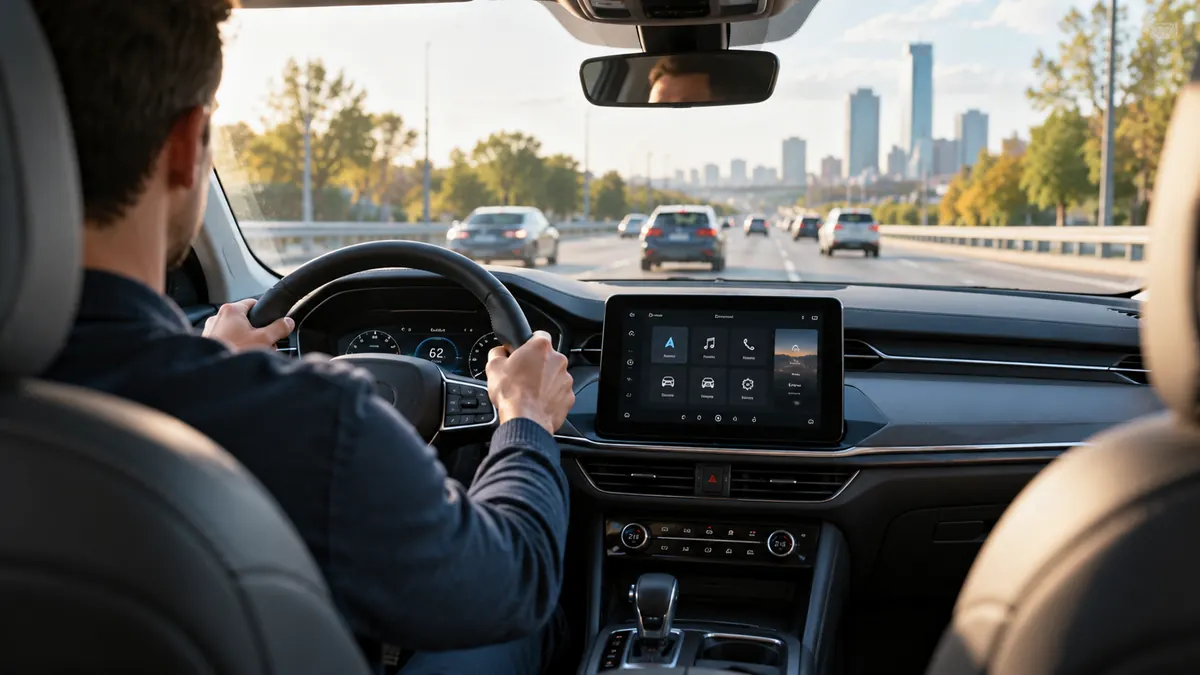 Otomobil içerisinde direksiyon, dokunmatik ekran ve yola odaklanan sürücü; Allianz Motor Day dikkat dağınıklığı araştırması temsili görseli