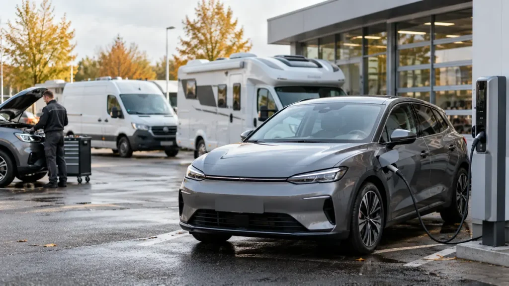 Almanya'da elektrikli otomobil, karavan ve ticari araçların bulunduğu modern araç servis ve şarj alanı, temsili görsel