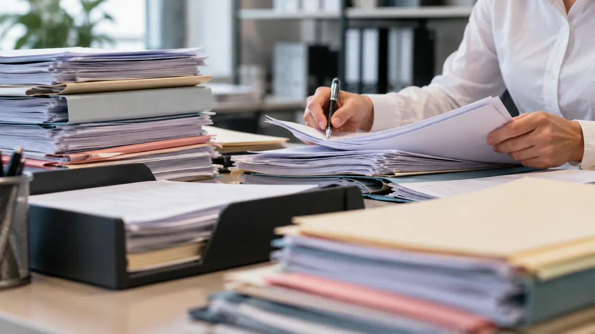 Sigorta şikayet başvurularına ait dosyaları inceleyen bir ofis çalışanı; temsili