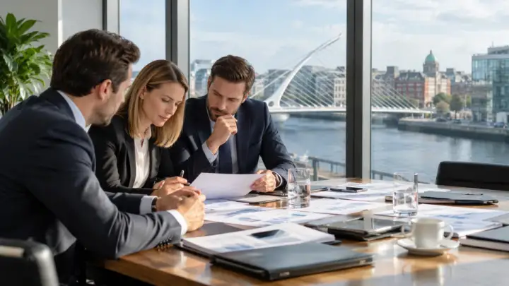 Dublin kentinde uluslararası sigorta danışmanlığı ofisinde üç uzmanın finansal tabloları incelemesi