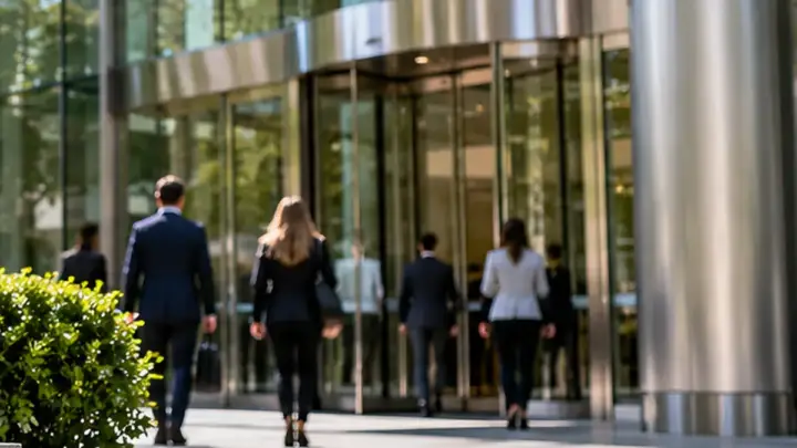 Modern cam cepheli bir iş merkezi girişinde çalışanlar; sigorta brokerliği şirketinin finansal sonuçlarına ilişkin temsili görsel