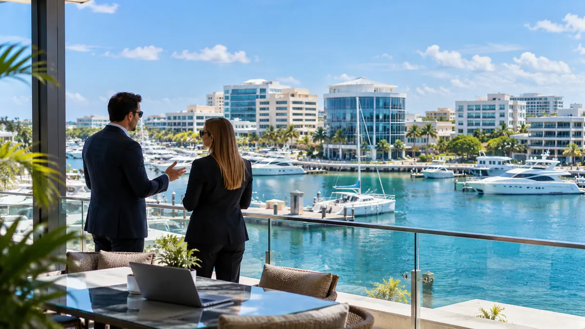 Cayman Adaları uluslararası sigorta faaliyetlerini temsil eden Karayip marina bölgesindeki kurumsal ofis manzarası