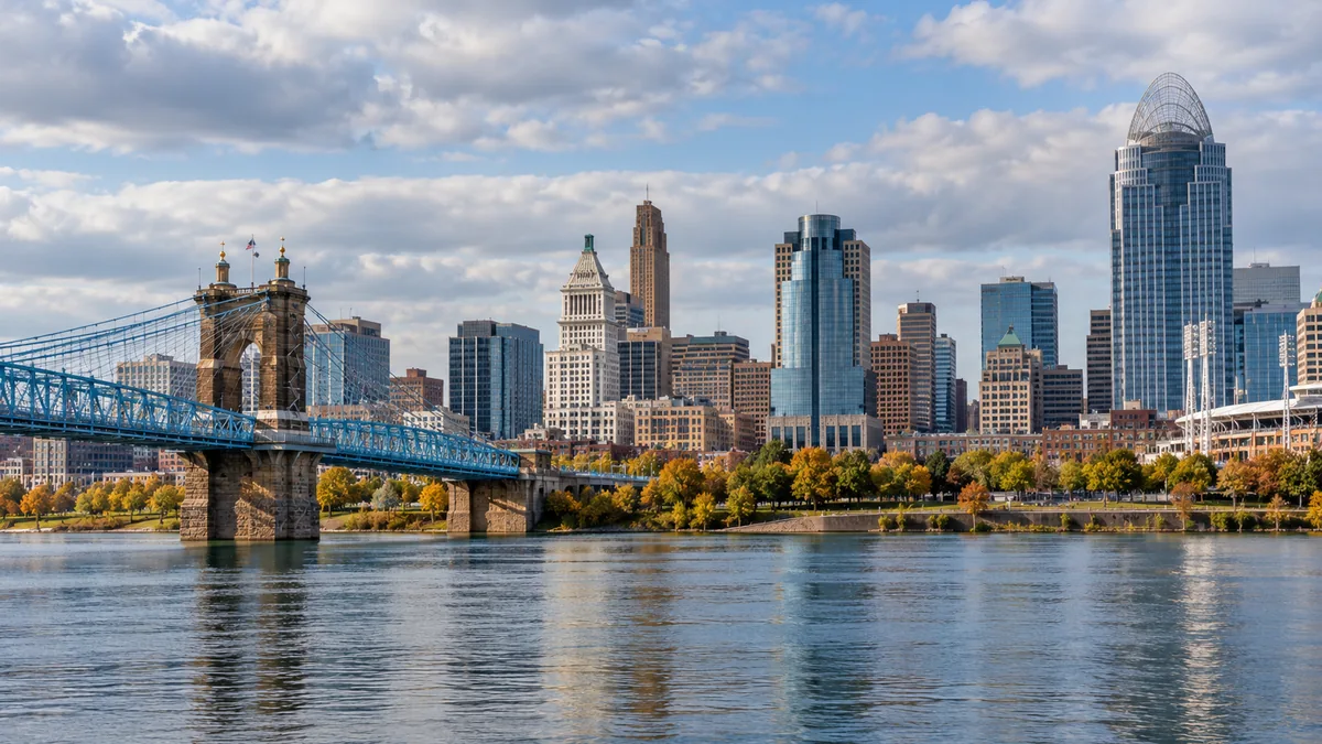 Ohio Nehri, köprü ve Cincinnati'nin iş merkezlerini gösteren doğal görünümlü şehir manzarası
