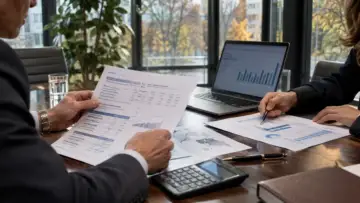 Sigorta şirketinde finansal sonuçlar ve reasürans raporlarını inceleyen iki uzman, temsili görsel