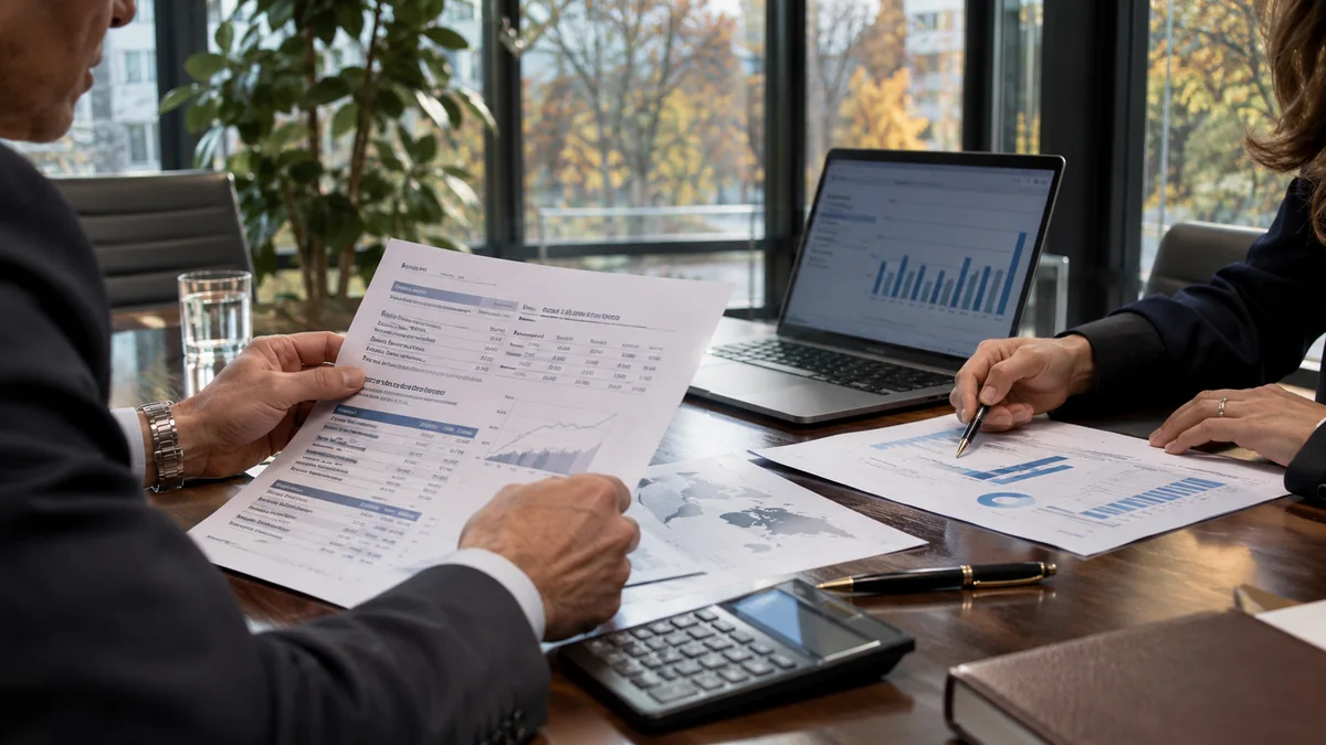 Sigorta şirketinde finansal sonuçlar ve reasürans raporlarını inceleyen iki uzman, temsili görsel