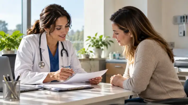 Hekimin bir hastayla klinikte saglik planini ve belgeleri degerlendirdigi dogal ofis sahnesi