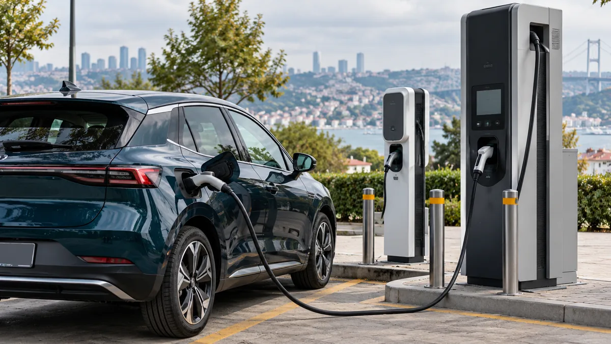 Halka açık elektrikli otomobil şarj istasyonunda kablo ile şarj edilen araç