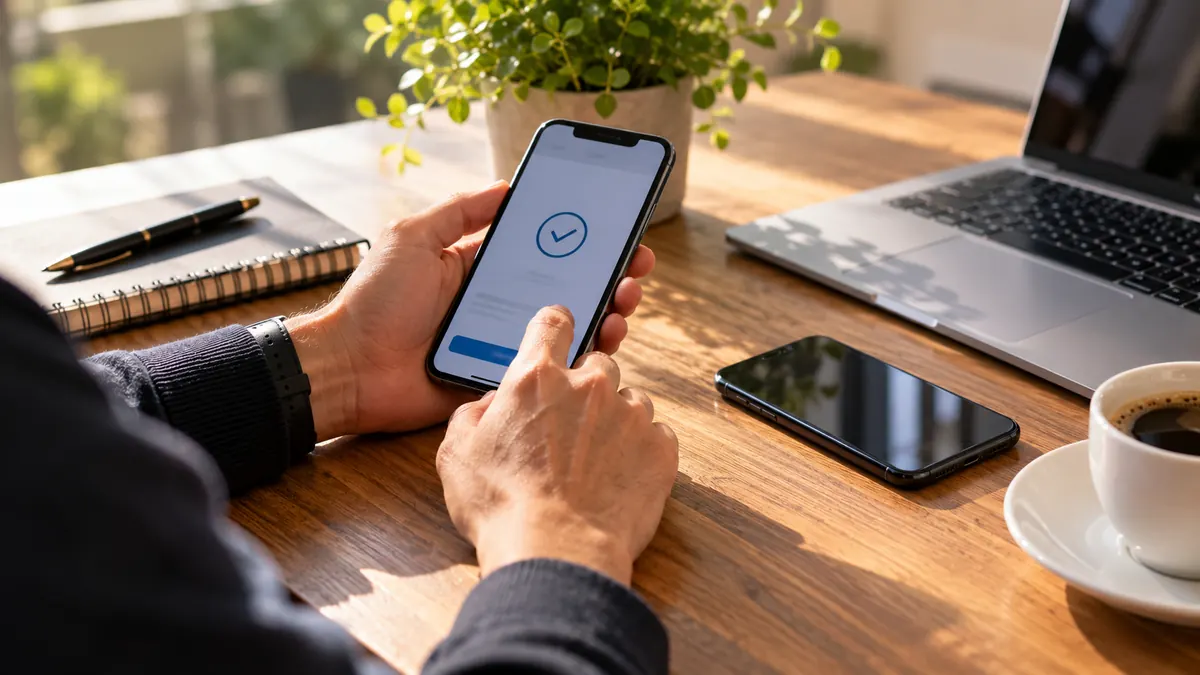 Ahşap masada akıllı telefonundan mobil bankacılık para transferini kontrol eden kişinin elleri