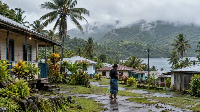 Fiji'de yağış sonrasında ıslak köy yolunda cep telefonunu kontrol eden bölge sakini, temsili görsel