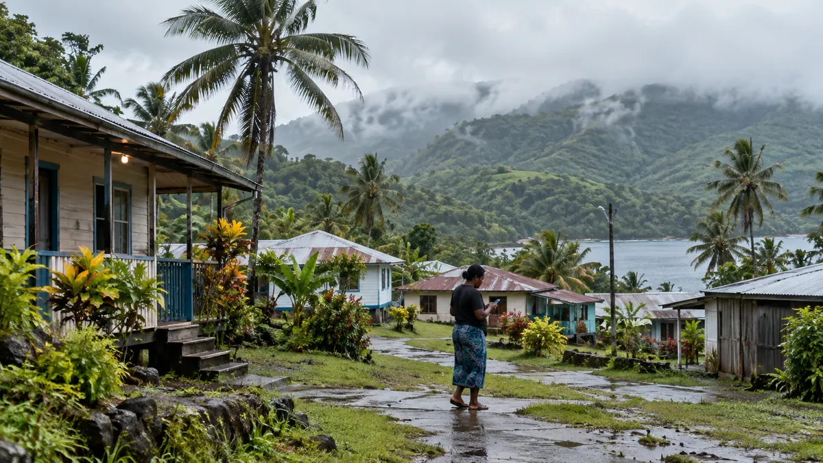 Fiji'de yağış sonrasında ıslak köy yolunda cep telefonunu kontrol eden bölge sakini, temsili görsel