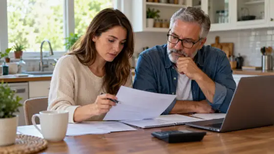 Evde hayat ve sağlık sigortası belgelerini değerlendiren iki kişi, Globe Life üçüncü çeyrek sigorta primleri haberi