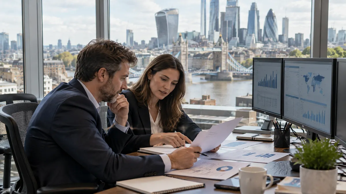Londra manzaralı ofiste sigorta fiyatlama ve risk analizi yapan iki uzman, ekranlarda veri grafikleri
