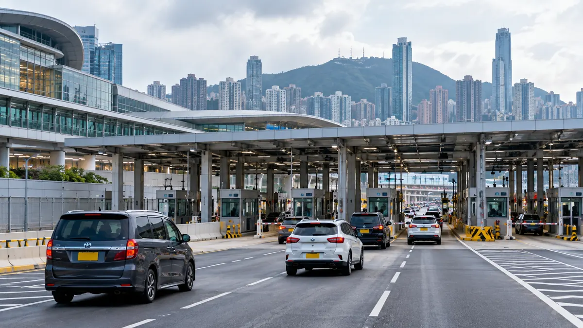 Hong Kong'da sınır kapısından geçen otomobiller ve modern kontrol noktası, zorunlu araç sigortası temsili görseli