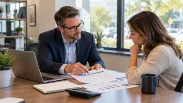 Bağımsız sigorta acentesinde danışmanla müşterinin prim ödeme ve finansman planını incelediği doğal görünümlü temsili fotoğraf