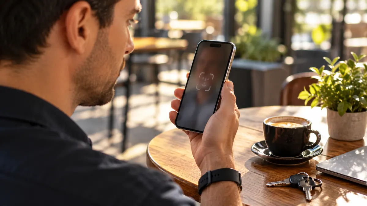 Doğal ışıklı kafede iPhone telefonunu yüz doğrulamasıyla kullanan kişinin yakın plan görüntüsü