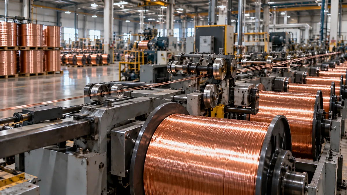 Bakır tel üretim tesisinde metal teller ve üretim makineleri, Mega Metal ABD tesisi haberine özel temsili görsel