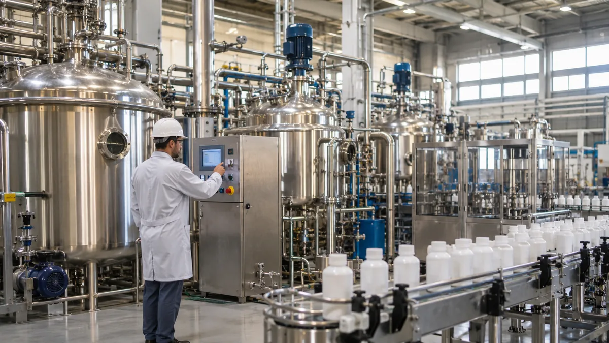 Endüstriyel karıştırma tankları ve dolum makinesi bulunan fabrika içi; Tarkim Turgutlu fabrika yatırımını temsilen