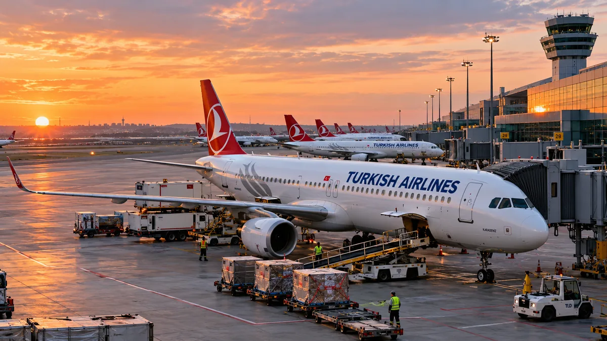 Havalimanında park etmiş Türk Hava Yolları uçağı ve yer hizmetleri, kredi derecelendirmesi haberine temsili görsel