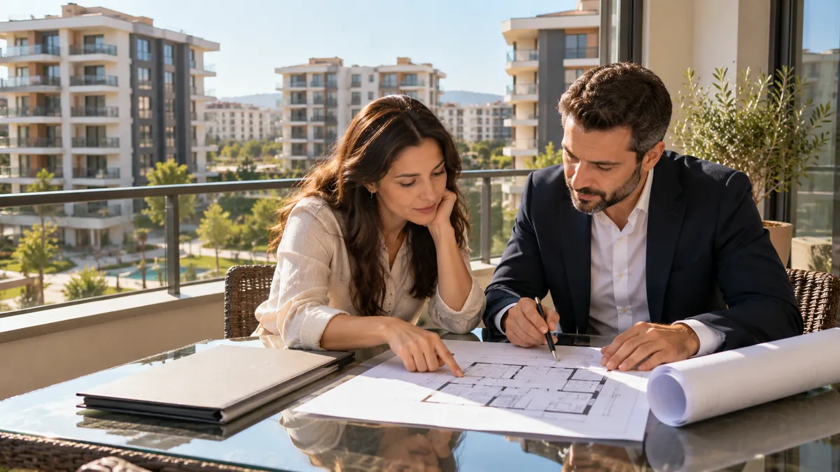 Yeni apartmanların önünde daire planı ve yapı projesini inceleyen iki kişi