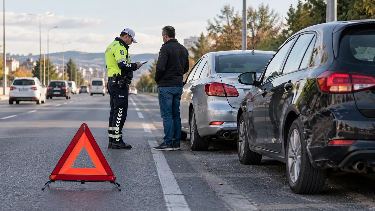 Maddi hasarlı trafik kazası sonrası araçların yanında polis ve sürücü ile uyarı üçgeni
