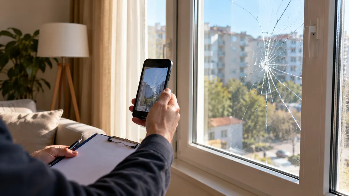 Evinde çatlayan pencere camının fotoğrafını telefonuyla çeken kişi