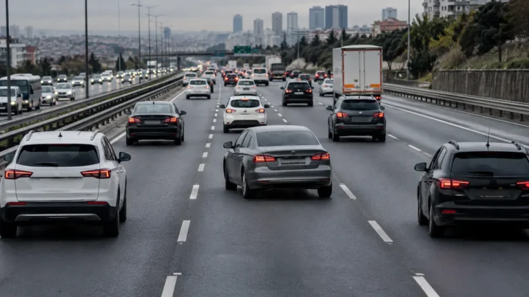 Trafikte çok şeritli yolda ilerleyen otomobiller