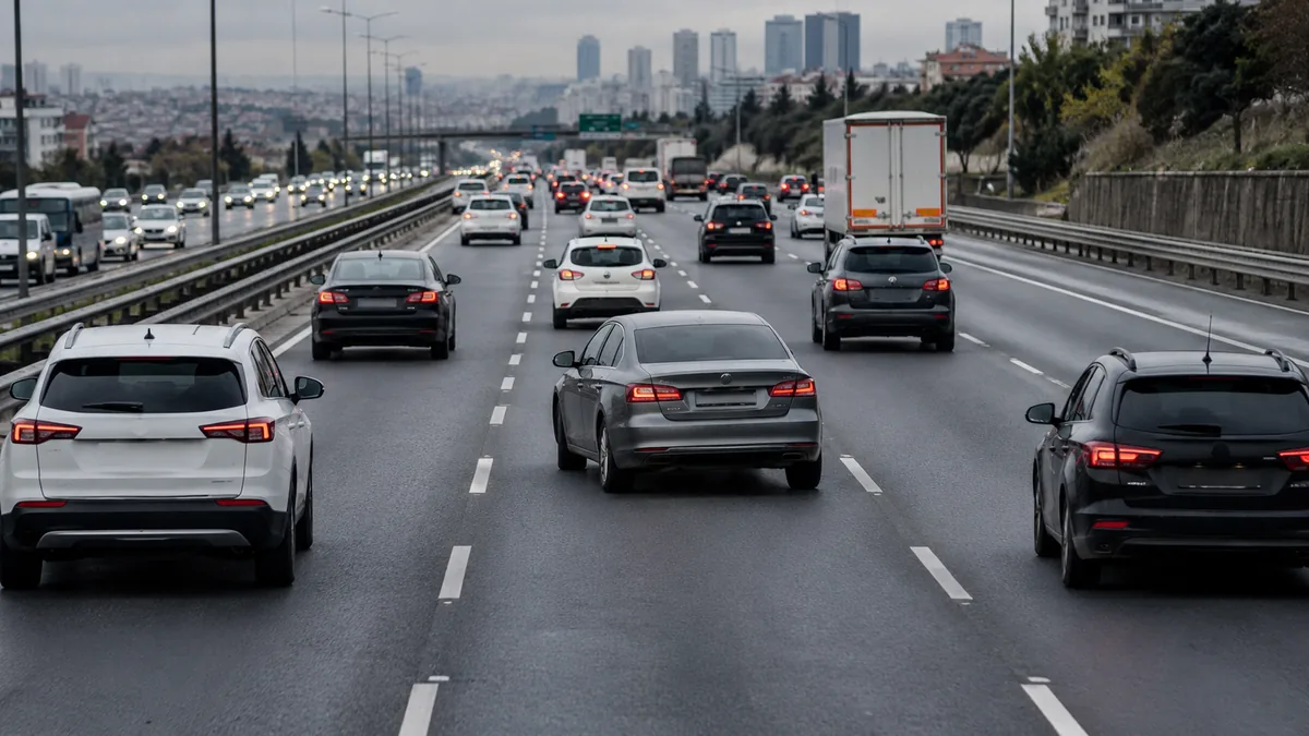 Trafikte çok şeritli yolda ilerleyen otomobiller