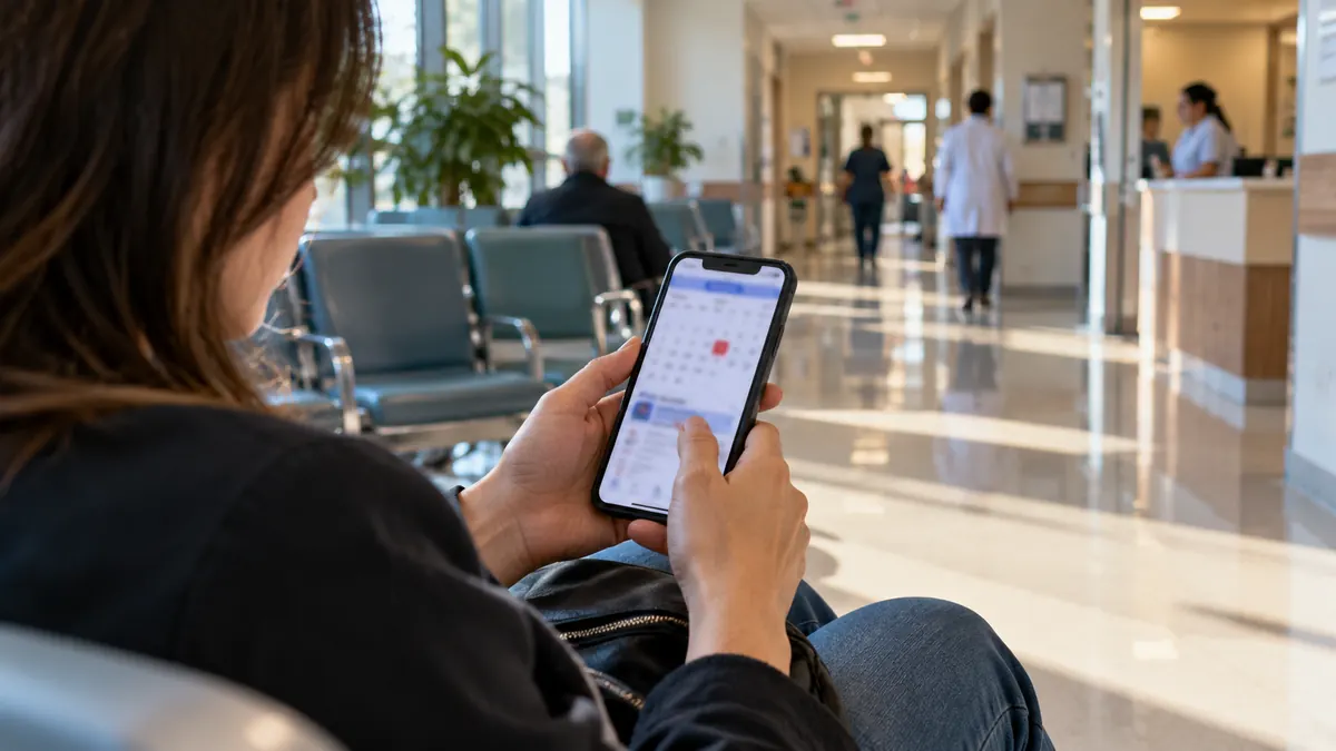 Hastane bekleme alanında cep telefonundan sağlık randevusunu kontrol eden kişi