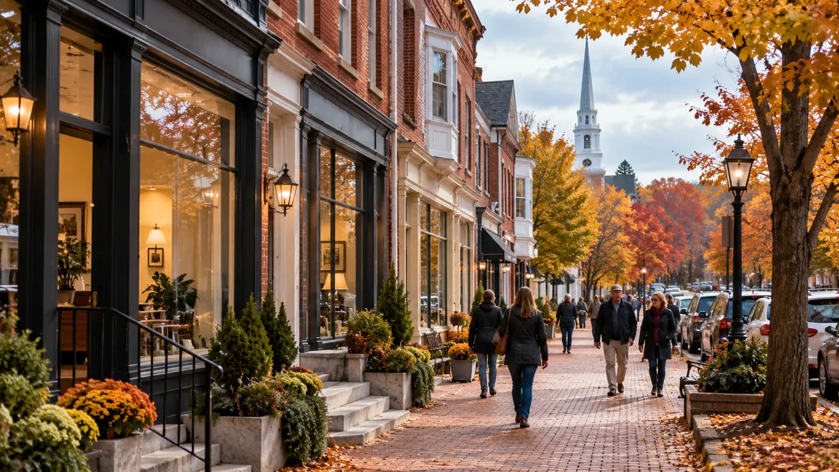 Massachusetts Amherst kent merkezini çağrıştıran sonbahar manzaralı tarihi ticaret sokağı; sigorta acenteliği faaliyetleri