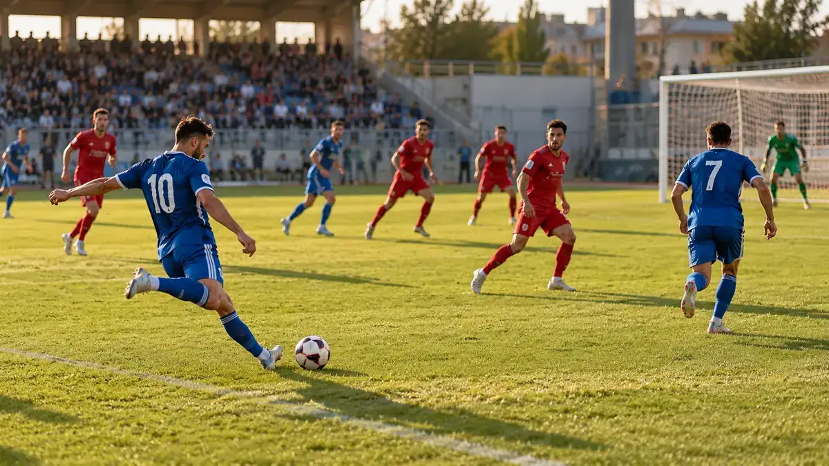 Futbol maçında mavi takımdan oyuncunun pas attığı anda kırmızı savunma hattı ve hücum oyuncuları; temsili sahne