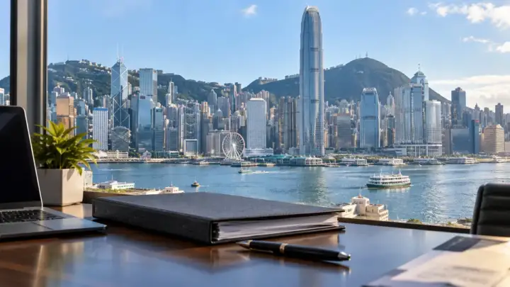 Hong Kong limanı ve finans merkezine bakan ofiste şirket evrakları, reasürans derecelendirmesi temsili