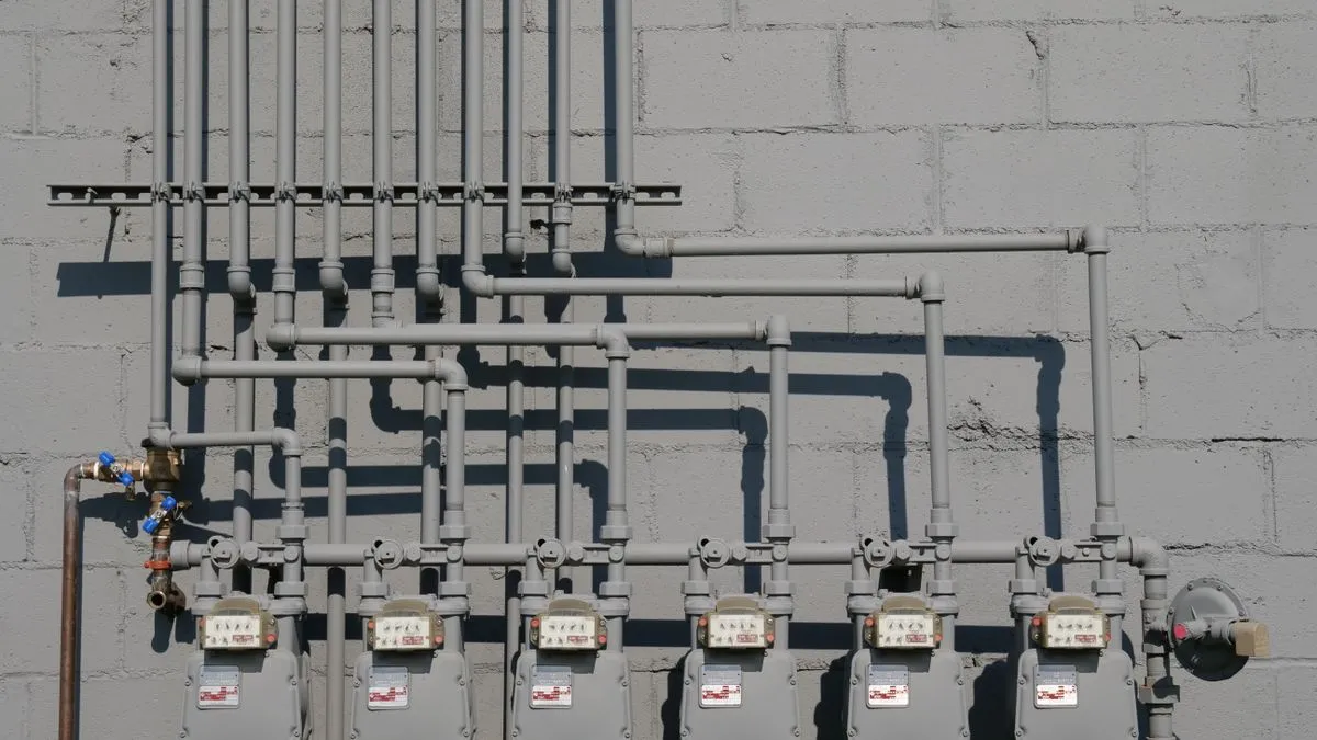 Beton duvara sıralanmış gerçek doğalgaz sayaçları, borular ve bağlantı parçaları; deprem sonrası gaz kaçağı ve doğalgaz vanası kontrolü rehberi için temsili fotoğraf