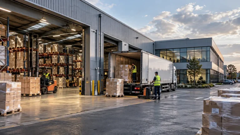 Depoda mal paletleri, yükleme aracı ve sevkiyat alanı; Price Forbes Accordium mülk ve emtia teminatı görseli
