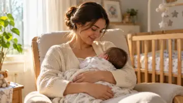Aydınlık bebek odasında kucağındaki bebeğe şefkatle bakan anne