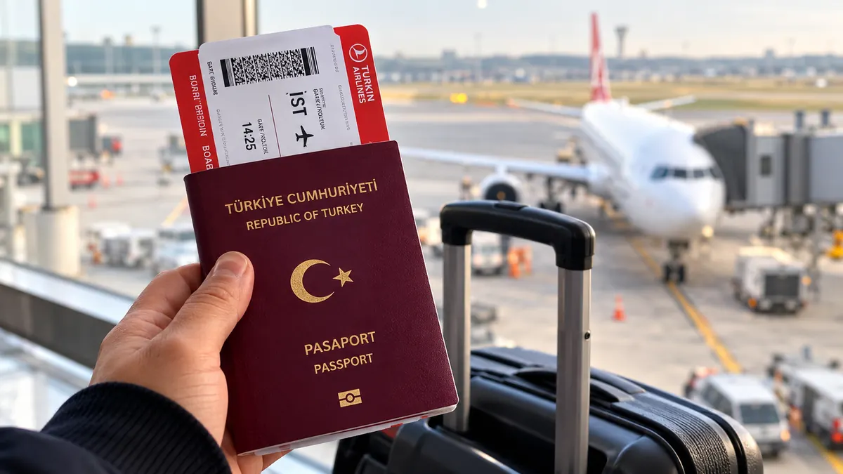 Havalimanında pasaport ve uçak biletleri tutan yolcu, arka planda yolcu uçağı