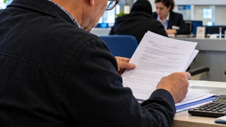 Kamu hizmeti gişesinde geçmiş çalışma ve askerlik süresiyle ilgili belgelerini kontrol eden erkek